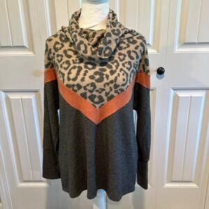 First Love Small Leopard Animal Print Chevron Cowl Neck Sweater Top